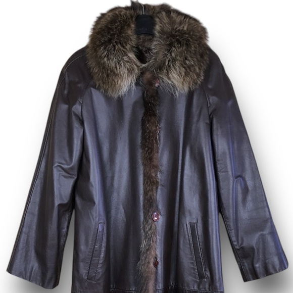 Revillon Saks 5th Avenue Brown Leather Lined By Racoon Fur Full Length Coat M-L - Picture 7 of 13